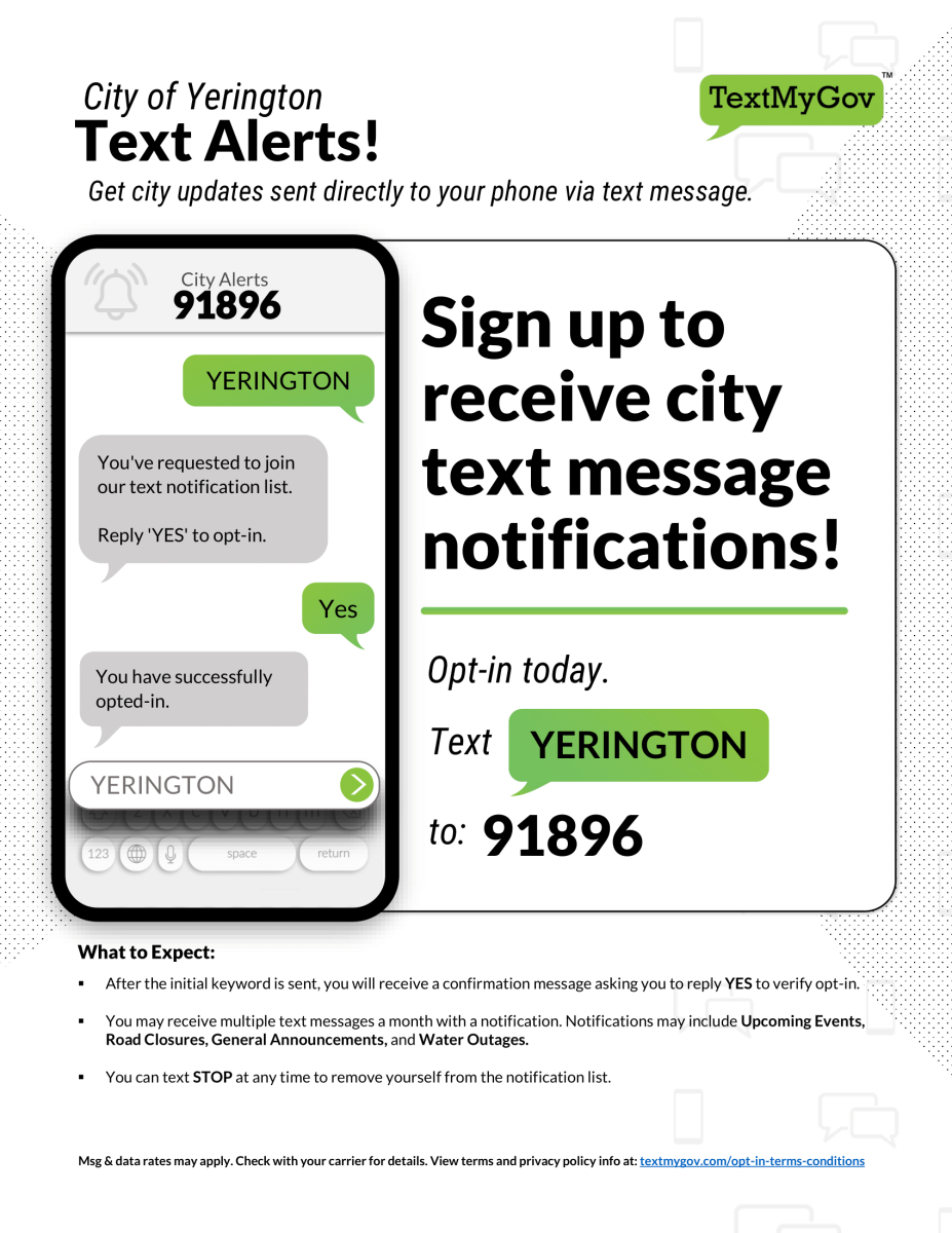 Text YERINGTON to the number 91896 to opt-in for city text notifications.